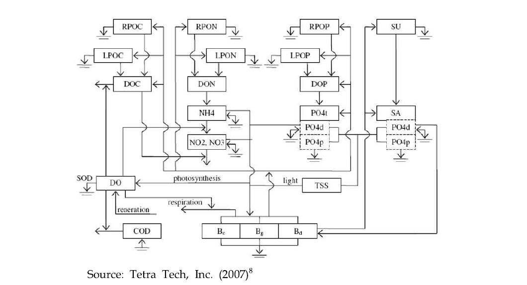 Schematic diagram of EFDC water quality model structure.