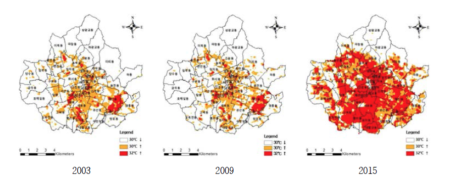 Hot areas of suwon by 2003 and 2009 and 2015.