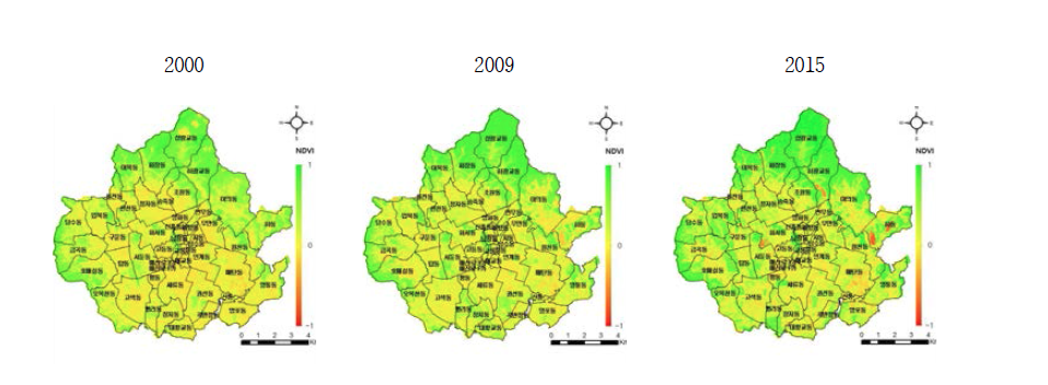 NDVI of suwon by 2003 and 2009 and 2015.