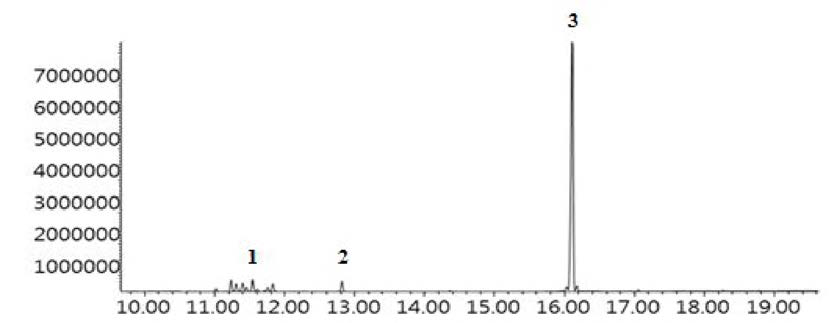 GC-MS total ion chromatogram of standard of alkylphenols (10 Ug/L) in full scan mode(45 - 550 amu), (1: nonylphenol, 2: bisphenol-A, 3: pentachlorophenol)