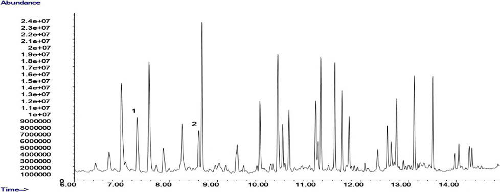 GC-MS total ion chromatogram of the extracts of spiked trifluoroethoxy de-rivatives of acidic pesticides (1 ug/L) in scan mode(45 - 550 amu), (1: Dicamba , 2: 2,4-D)­