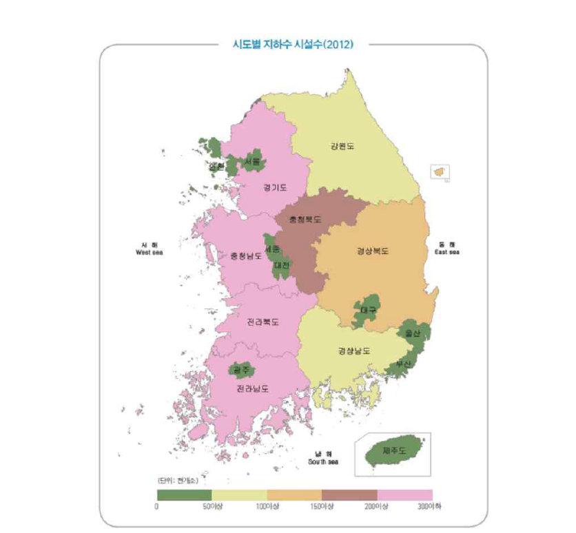 광역시도별 지하수 시설 수 분포