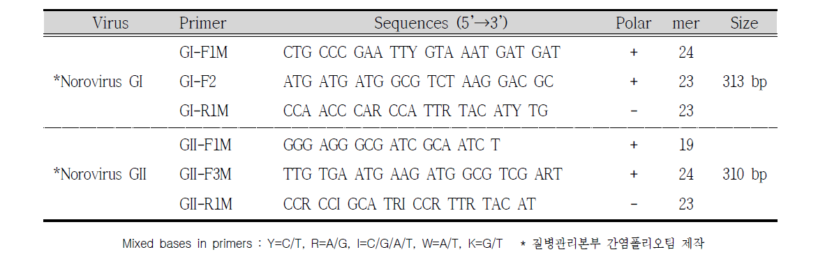 노로바이러스 Genogroup I, II 검출을 위한 primer