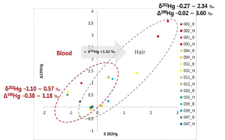 Plot of δ202Hg and Δ199Hg of Blood and Hair from experimental group
