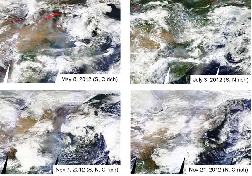 MODIS RGB images during the severe haze episodes in spring, summer, and fall, 2012.