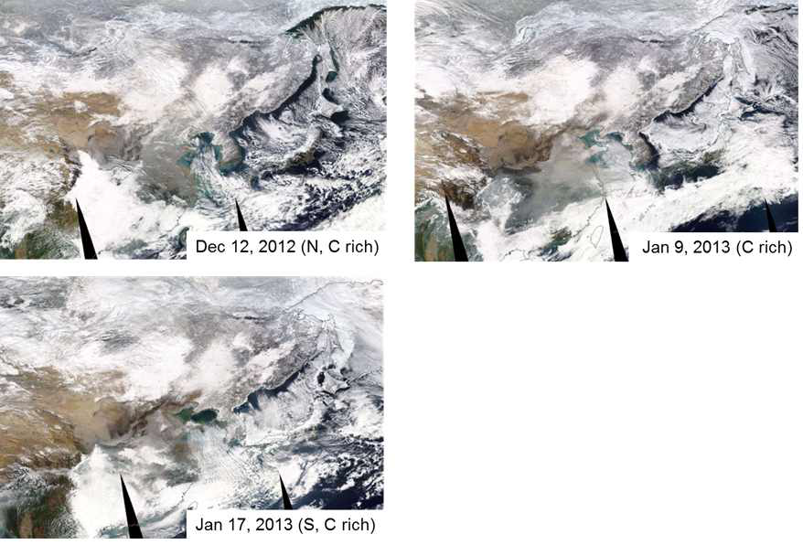 MODIS RGB images during the severe haze episodes in winter 2012-2013.
