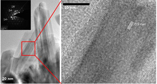 TEM micrographs for goethithe in low magnification (left) and high magnification (right) with its selected area electron diffraction pattern (SAED pattern, inset image).