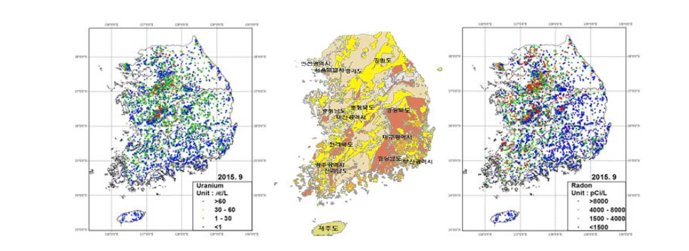 Distribution chart of NORMs in korea(left: uranium, right: radon).