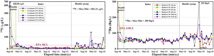 Temporal variations of 238U and 222Rn at CW monitoring well.