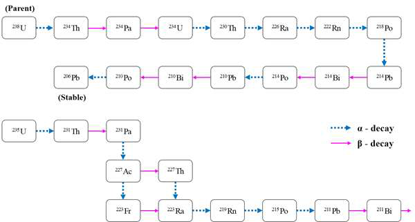 우라늄의 붕괴 과정 중에 생성될 수 있는 방사성 핵종 모식도 예시