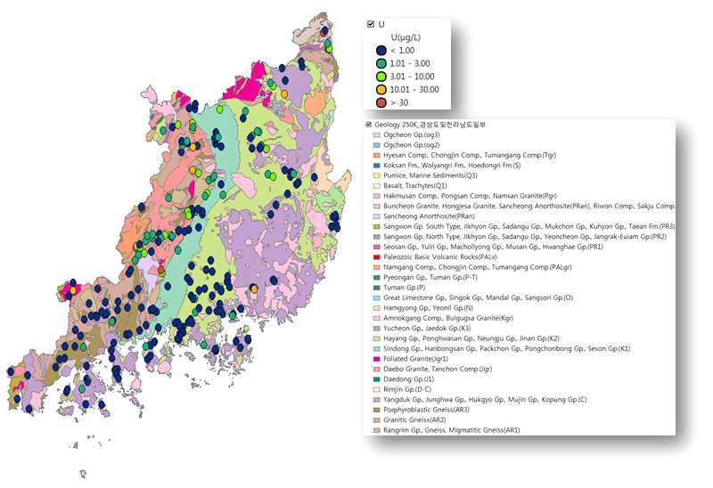 경남, 경북지역 지하수의 점형 우라늄 함량분포도