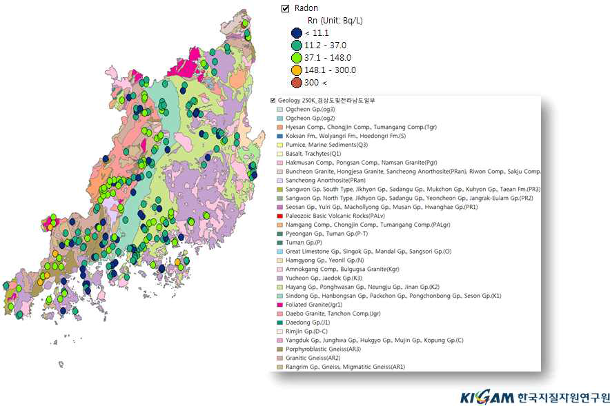 경남, 경북지역 지하수의 점형 라돈 함량분포도