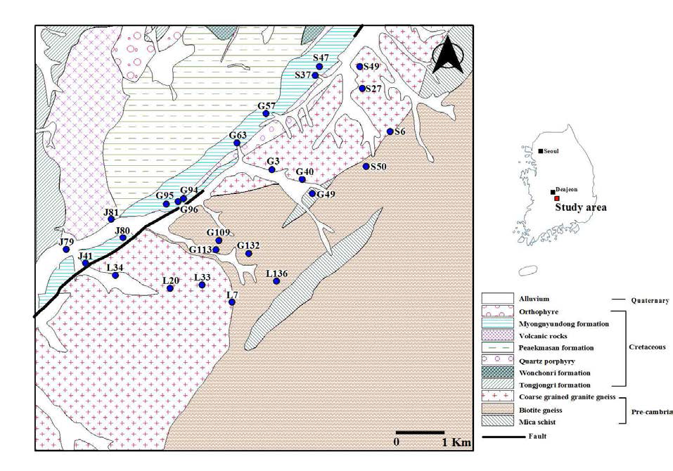 연구지역 위치도 및 지하수 시료채취 지점을 포함한 지질도