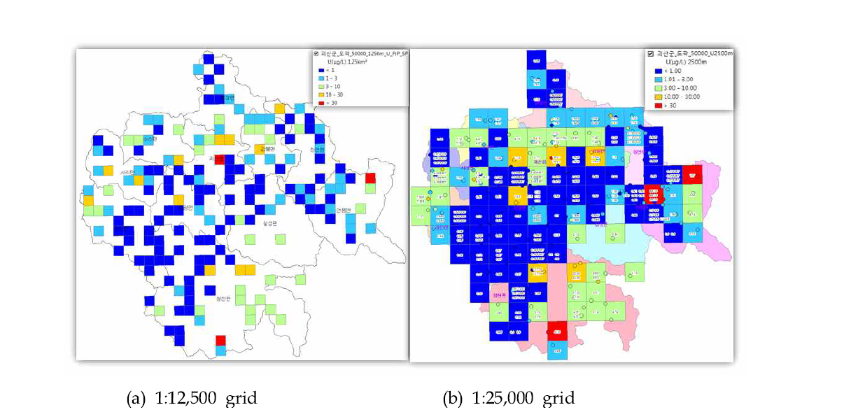 괴산지역 지하수의 격자형 우라늄 함량분포도