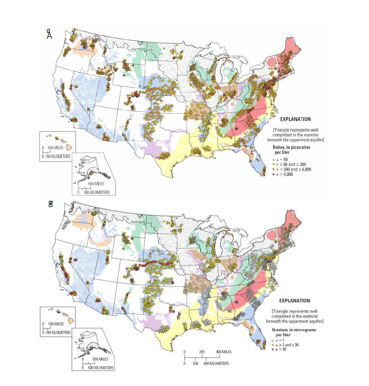 미국 국가 수질평가프로그램(1992-2003)에서 나타난 지하수내 라돈(A) 및 우라늄(B) 분포(USGS, 2011)
