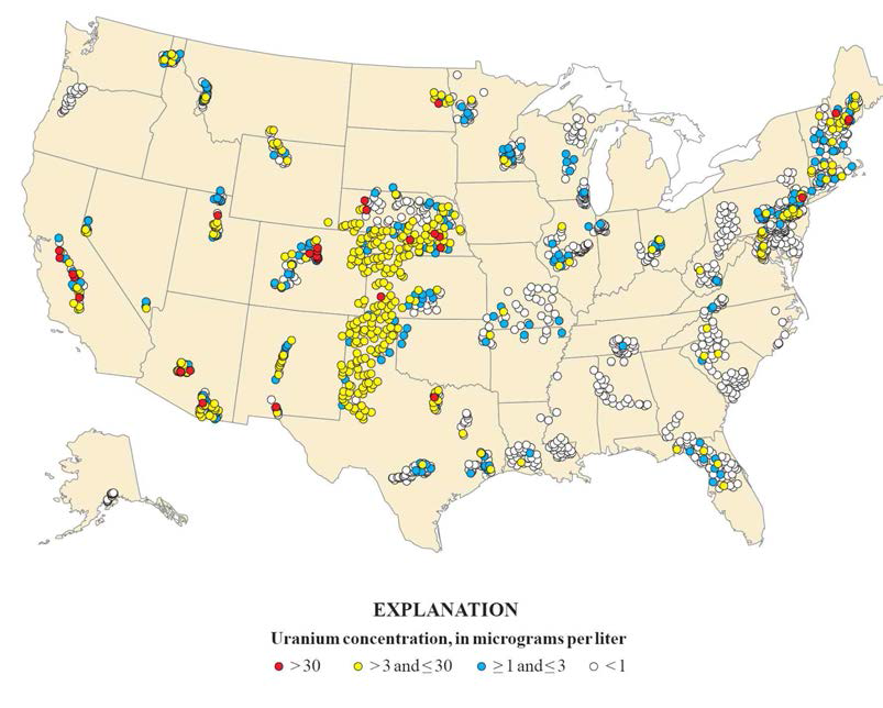 미국 전역 가정용 관정의 우라늄 함량분포(USGS, 2009)