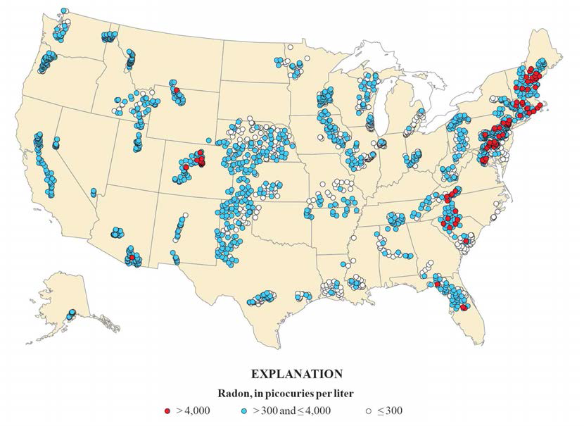 미국 전역 가정용 관정의 라돈 함량분포(USGS, 2009)