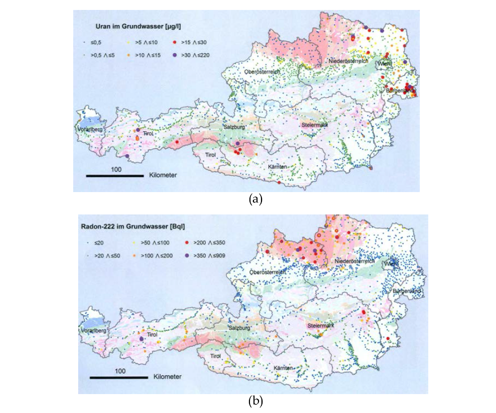 오스트리아 지하수의 우라늄(a), 라돈(b) 함량분포도