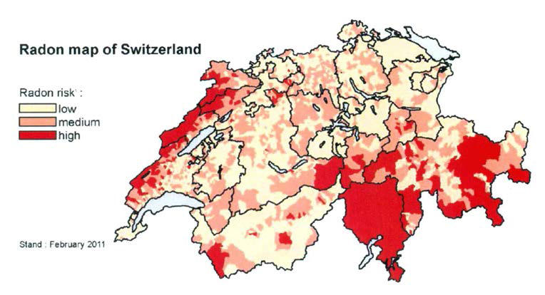 스위스의 실내공기 중 라돈 함량분포도