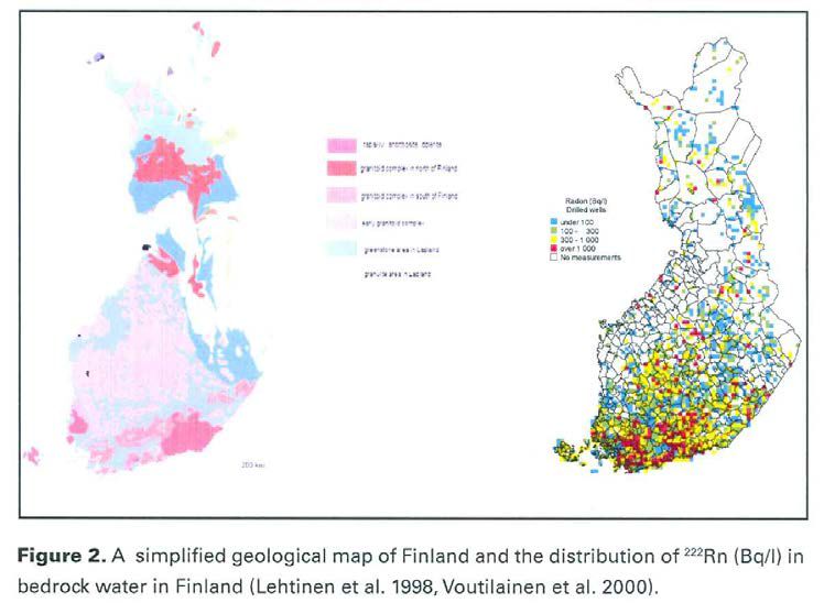 핀란드 기반암 지하수의 라돈함량분포도