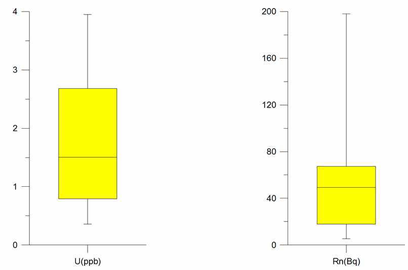 백악기 영동층군 지하수중 우라늄과 라돈의 함량범위 상자도표(N=9)