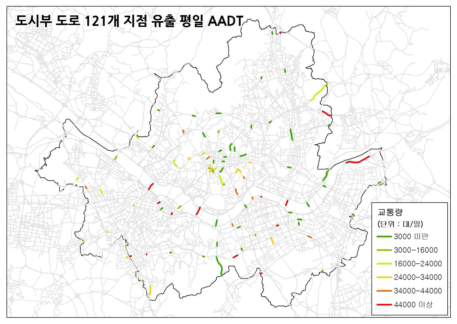 도시부 도로 121개 지점 유출방향의 평일 AADT