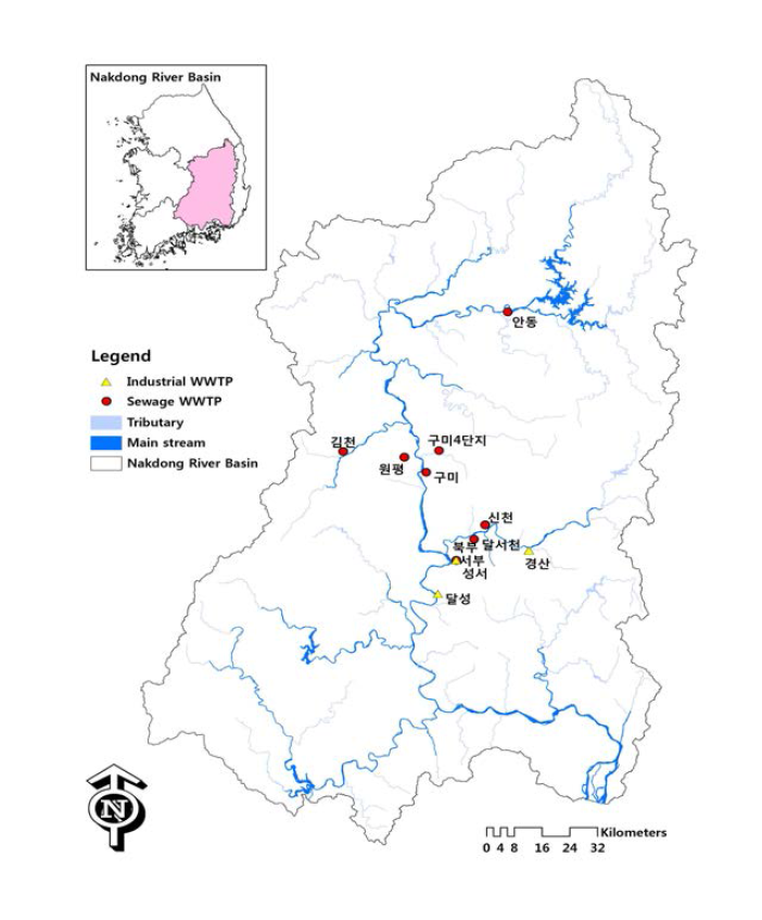 Description of WWTP sampling sites in the Nakdong river basin.