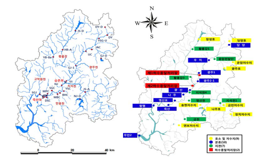 The location of study sites in the Yeongsan river watershed for silica(left) and C and N stable isotope ratio measurement(right).