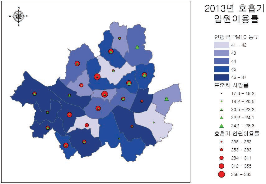Spatial distribution of PM10 concentration, respiratory admission and mortality rate in Seoul, 2013.