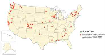 Location of outbreaks of Salmonella in US.