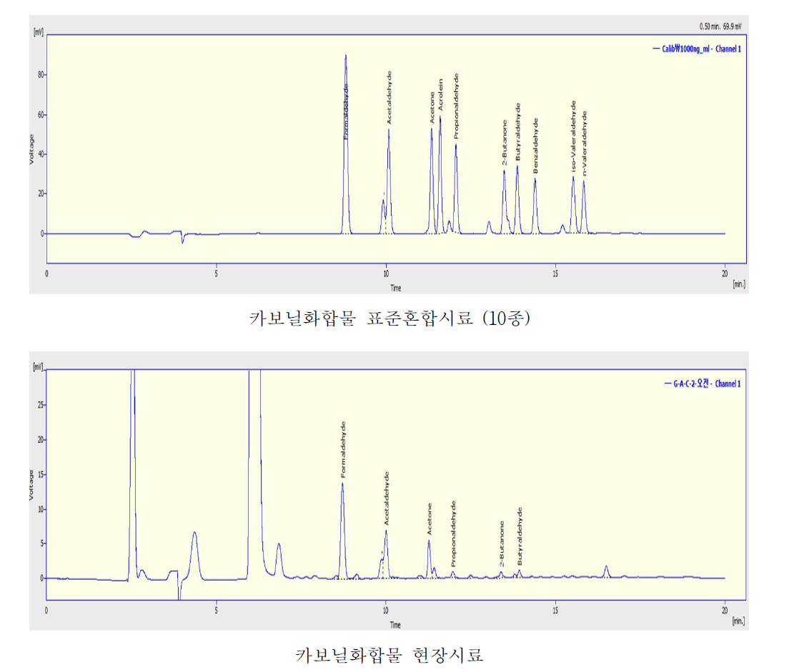 카보닐화합물 표준시료와 현장시료에 대한 크로마토그램 일례.