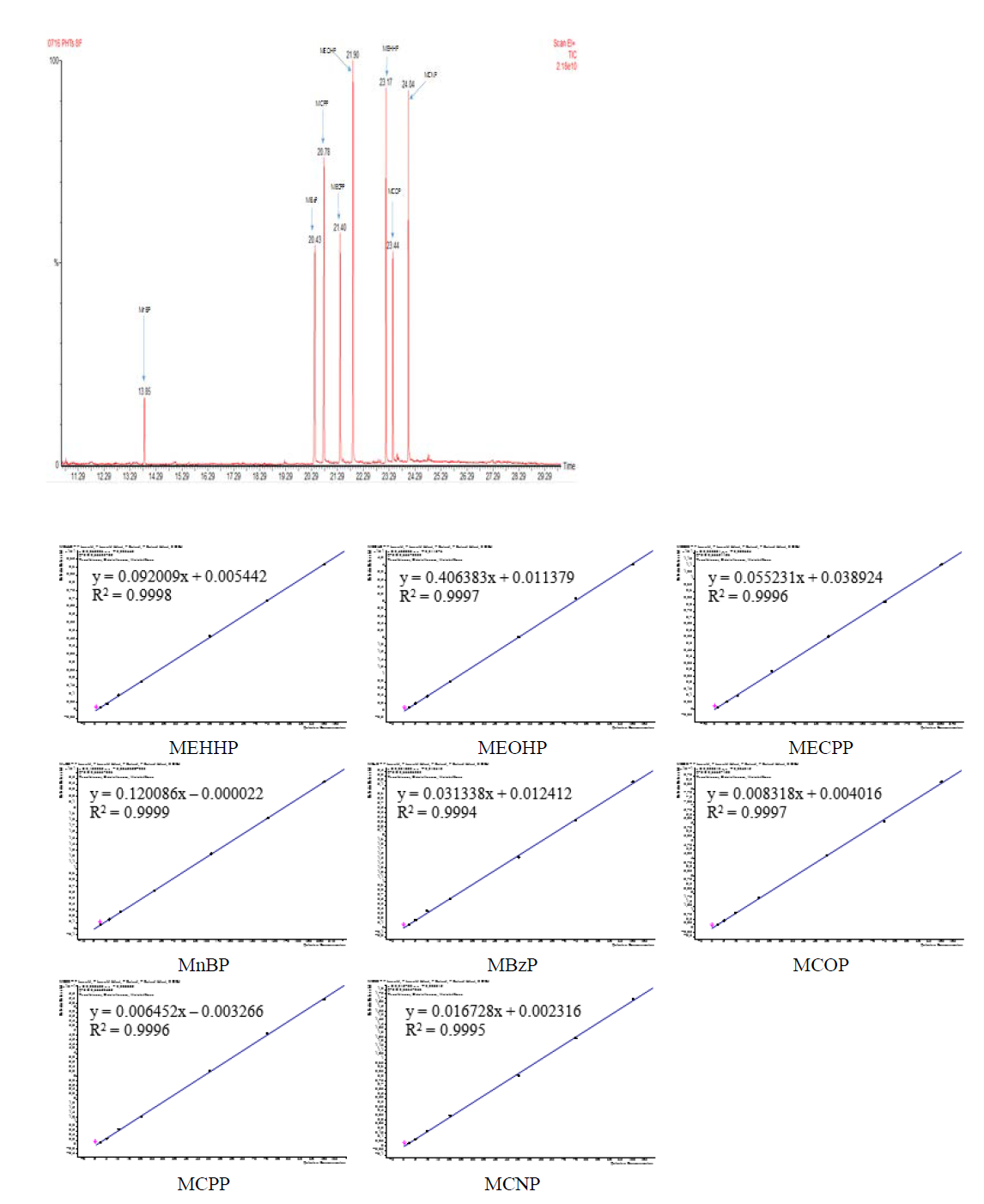 TIC chromatogram calibration curves of phthalate metabolites (Offline-SPE-GC-MS 방법)