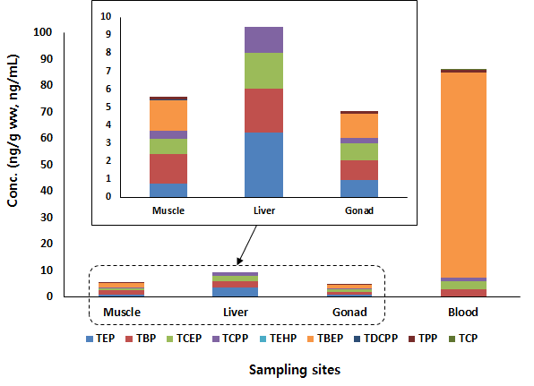 Concentration and distribution pattern of OPFRs in crucian carp samples from Nakdong river