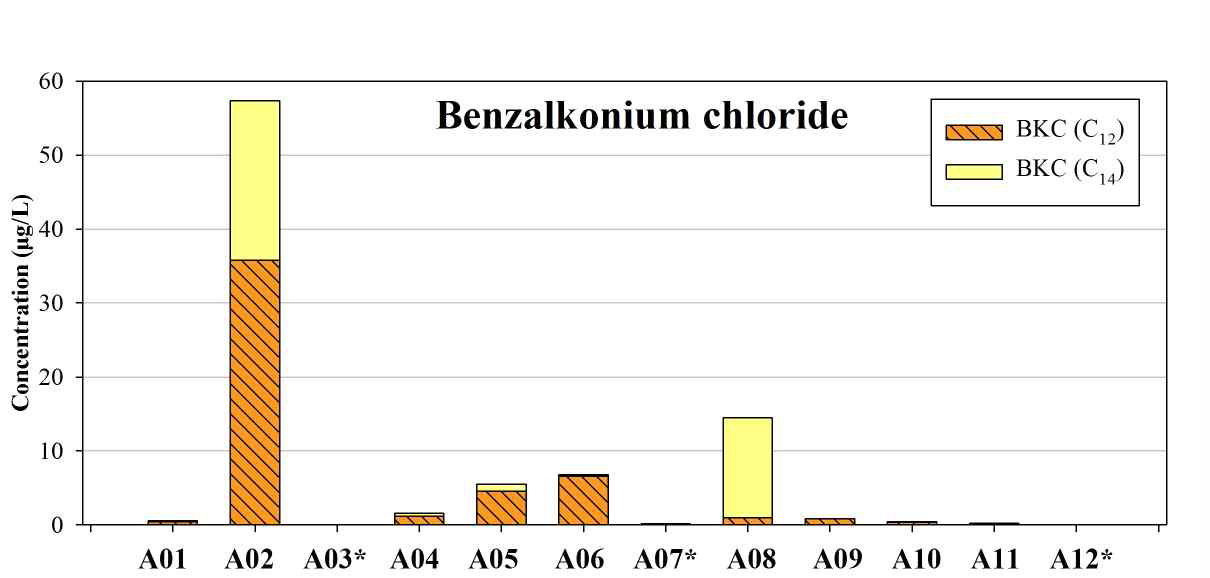 A 지역 물환경에서 의약외품 보존제 benzalkonium chloride의 지점별 농도