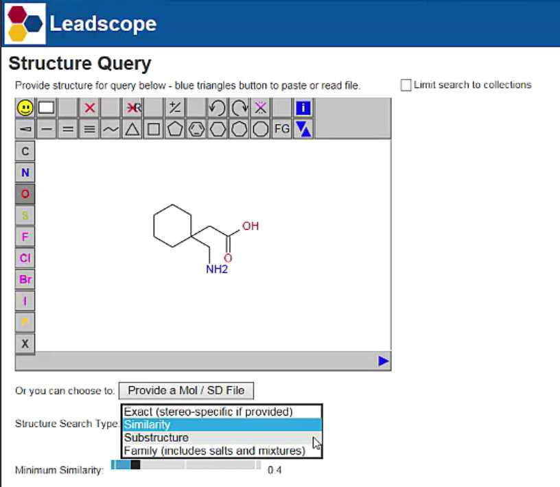 Leadscope의 Chemical Structure Query 검색화면