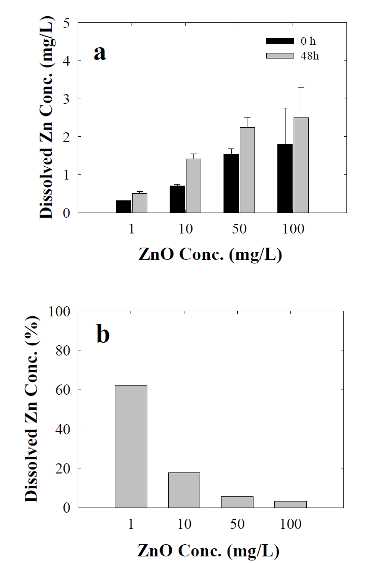 pH 8에서 10 nm ZnO NPs의 농도에 따른 용해된 Zn 농도(a)와 상대적인 용해 비율(b).