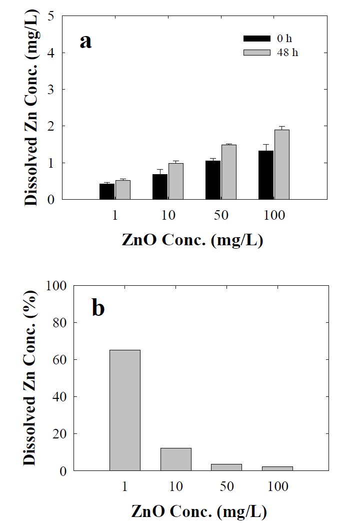 pH 8에서 35 nm ZnO NPs의 농도에 따른 용해된 Zn 농도(a)와 상대적인 용해 비율(b).