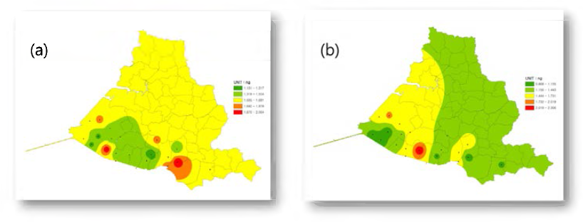 Distribution of HCBD at Sihwa and Ansane area in sampling period. (a : spring, b : fall)