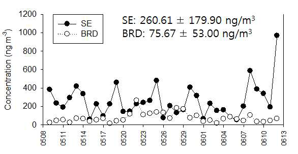 서울(SE)과 백령도(BRD)의 PM2.5 총 dicarboxylic acids의 일별 농도분포