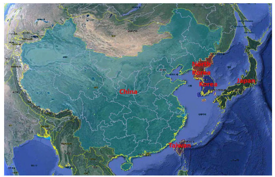 Residence time analysis를 실시하기 위해 구분한 주요 아시아 지역