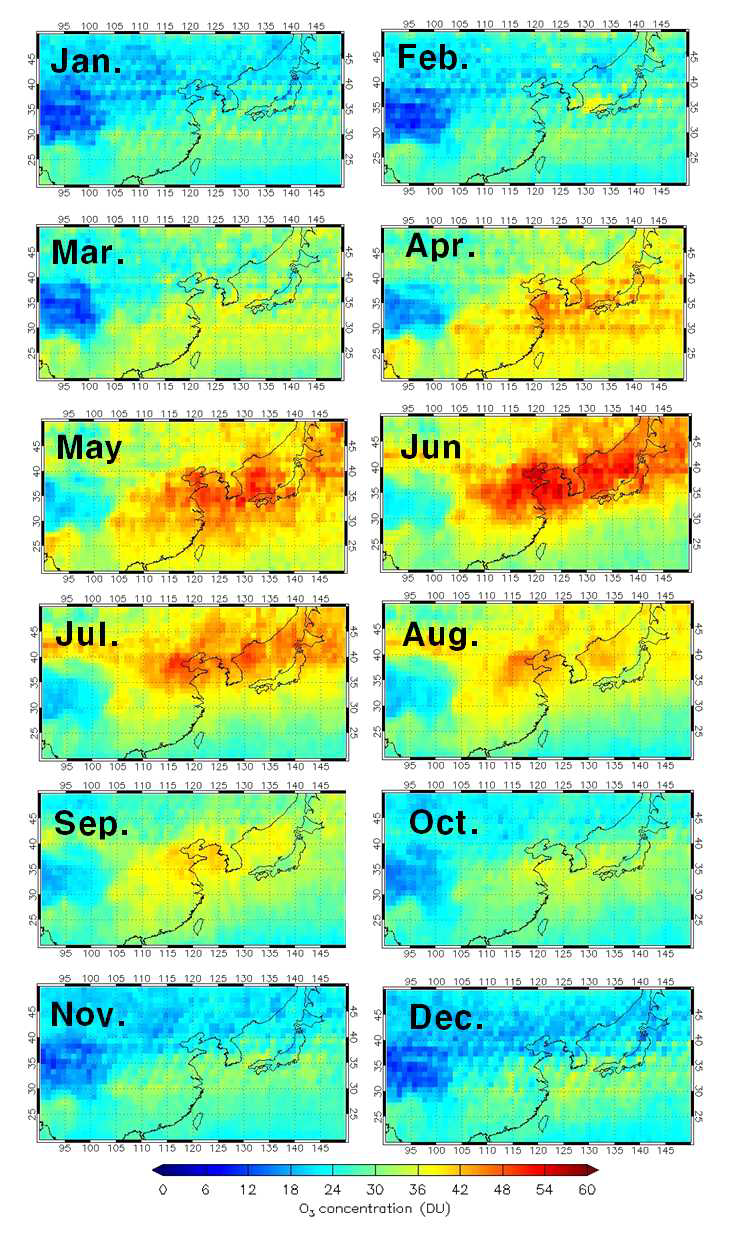 OMI/MLS 위성자료로부터 산출된 동아시아 대류권 농도의 월별 공간분포