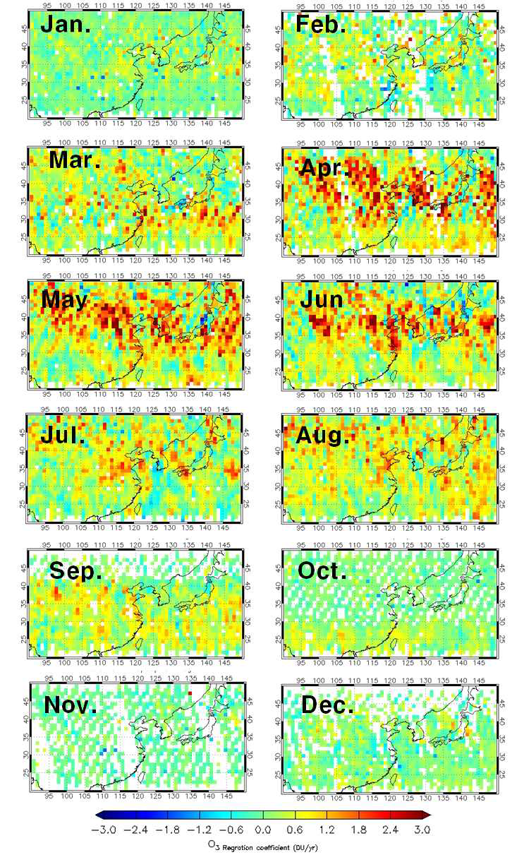 OMI/MLS 위성자료로부터 산출된 동아시아 대류권 농도의 월별 추세의 공간분포