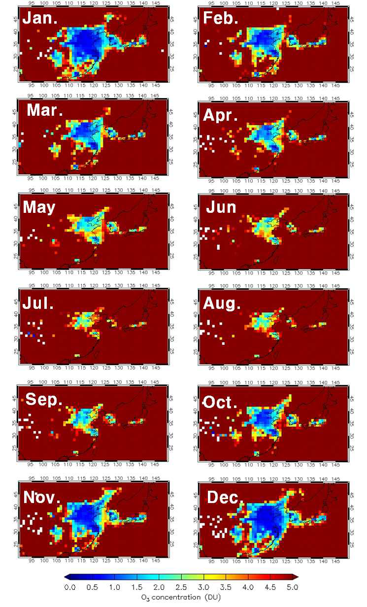 OMI 위성자료로부터 산출된 포름알데히드와 NO2 간 비율(FNR)의 공간분포