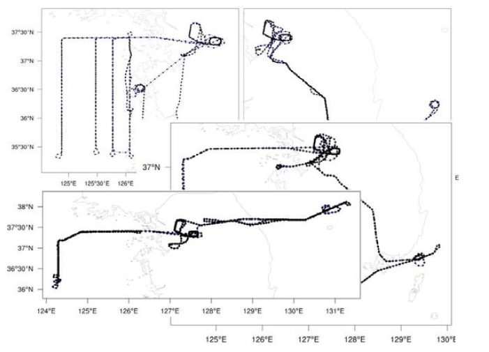 Examples of DC-8 aircraft track and spiral location during KORUS-AQ.