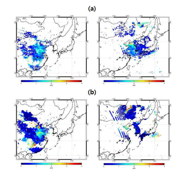 Examples of spatial distribution for (a) GEMS AOD and (b) OMI AOD.