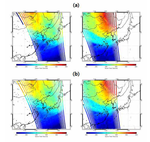 Examples of spatial distribution for (a) GEMS O3T and (b) OMI O3T.