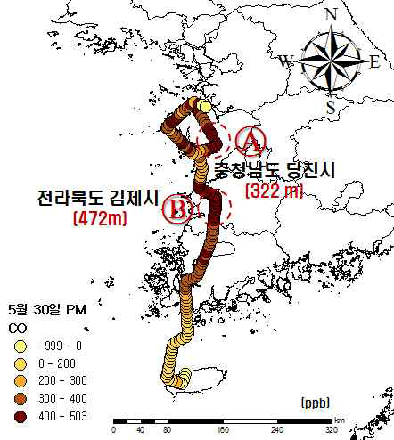 Spatial distribution of the aircraft measured CO concentrations on May 30, 2016