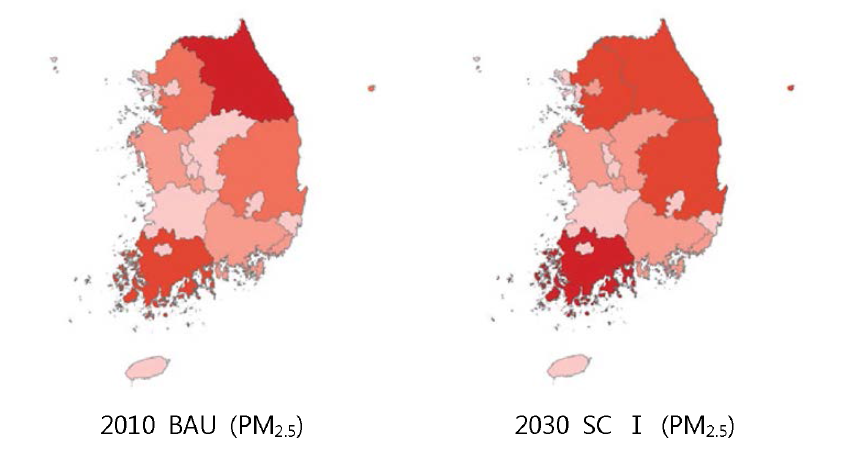 The comparison of results by BAU and SC 1 fo r each pollutant(PM2.5).