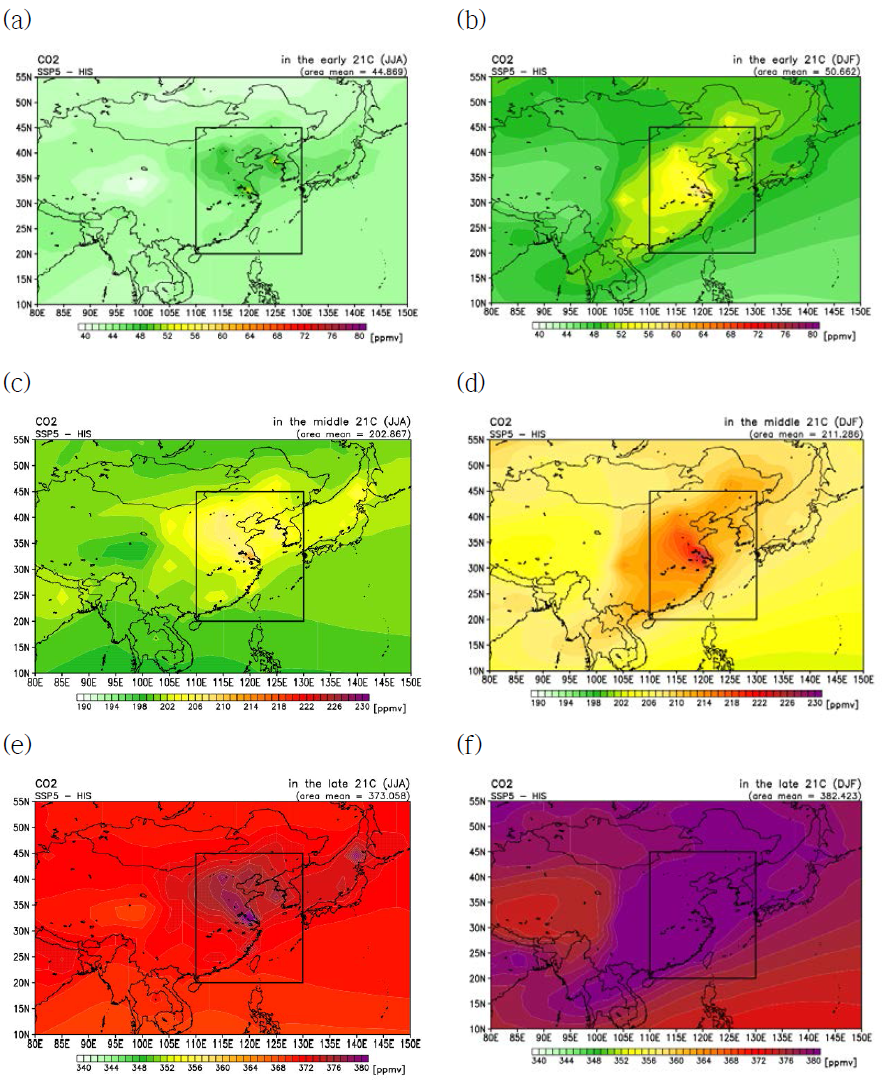 과거기후실험 대비 SSP5 시나리오에 따른 여름(6~8월, 왼쪽) 및 겨울(12/1~2월, 오른쪽)의 평균 CO2 농도(단위:ppmv)변화량.