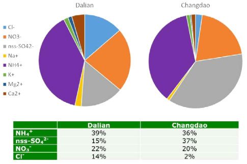 Dalian과 Changdao에서의 이온성분 비율